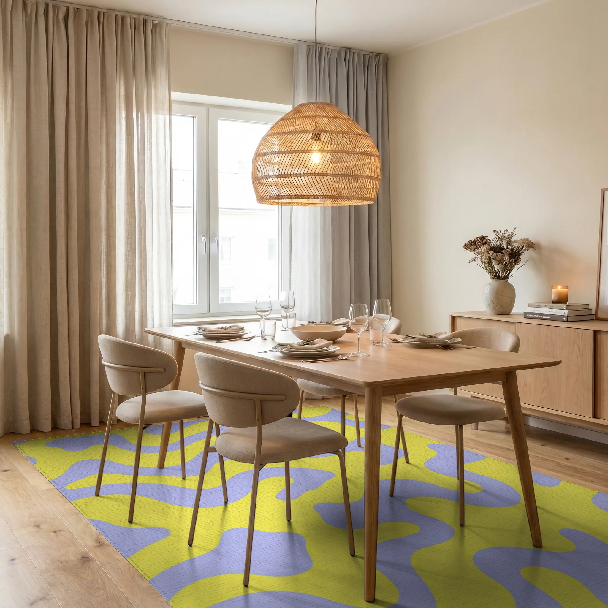Yellow Lavender Organic Swirl Rug - Dining Room View