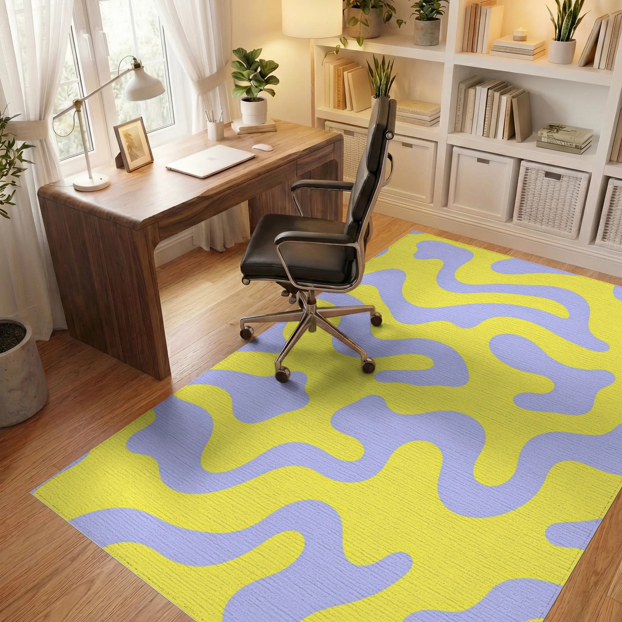Yellow Lavender Organic Swirl Rug - Office View