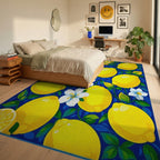 Yellow Lemons Blue Floral Pattern Rug Bedroom View