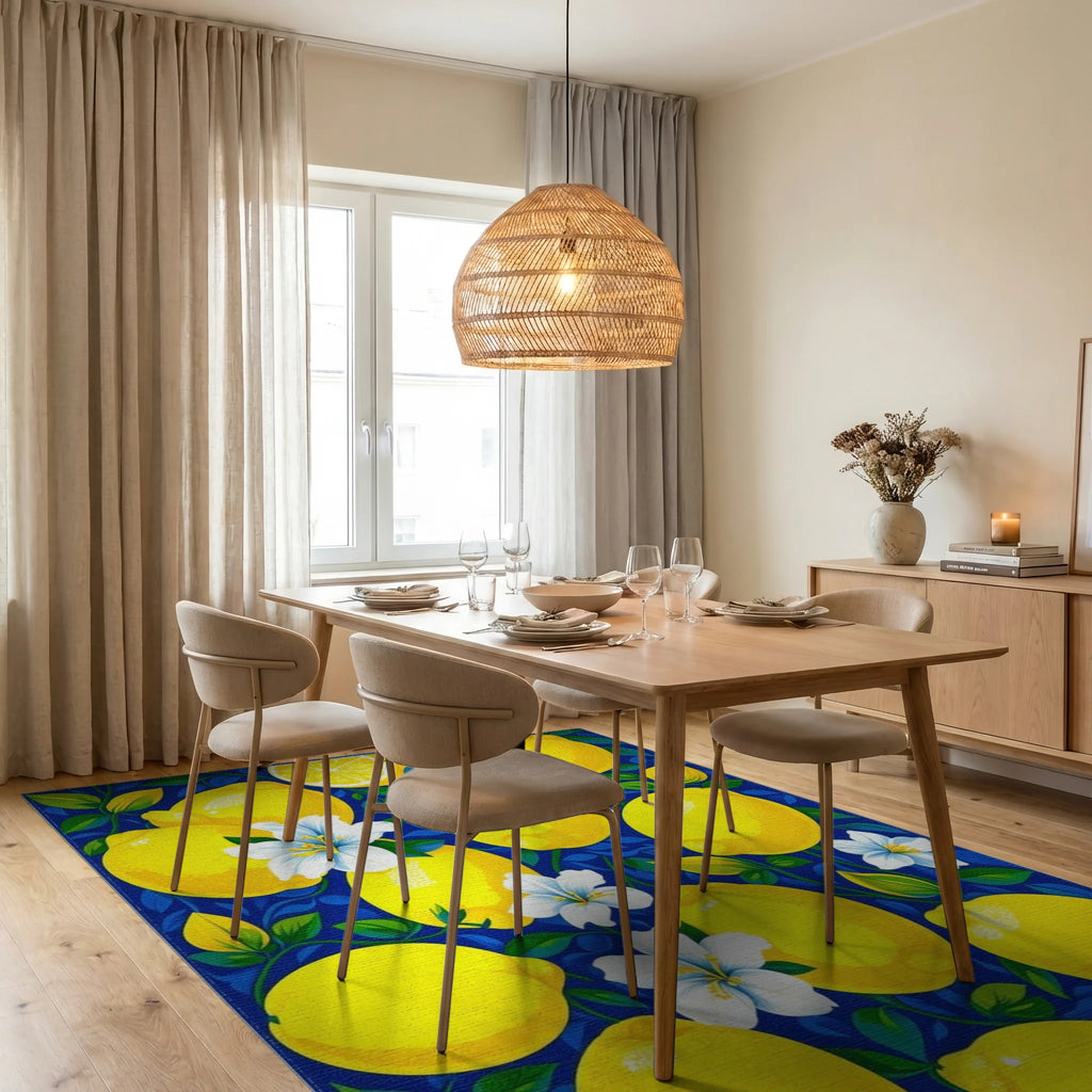 Yellow Lemons Blue Floral Pattern Rug Dining Room View