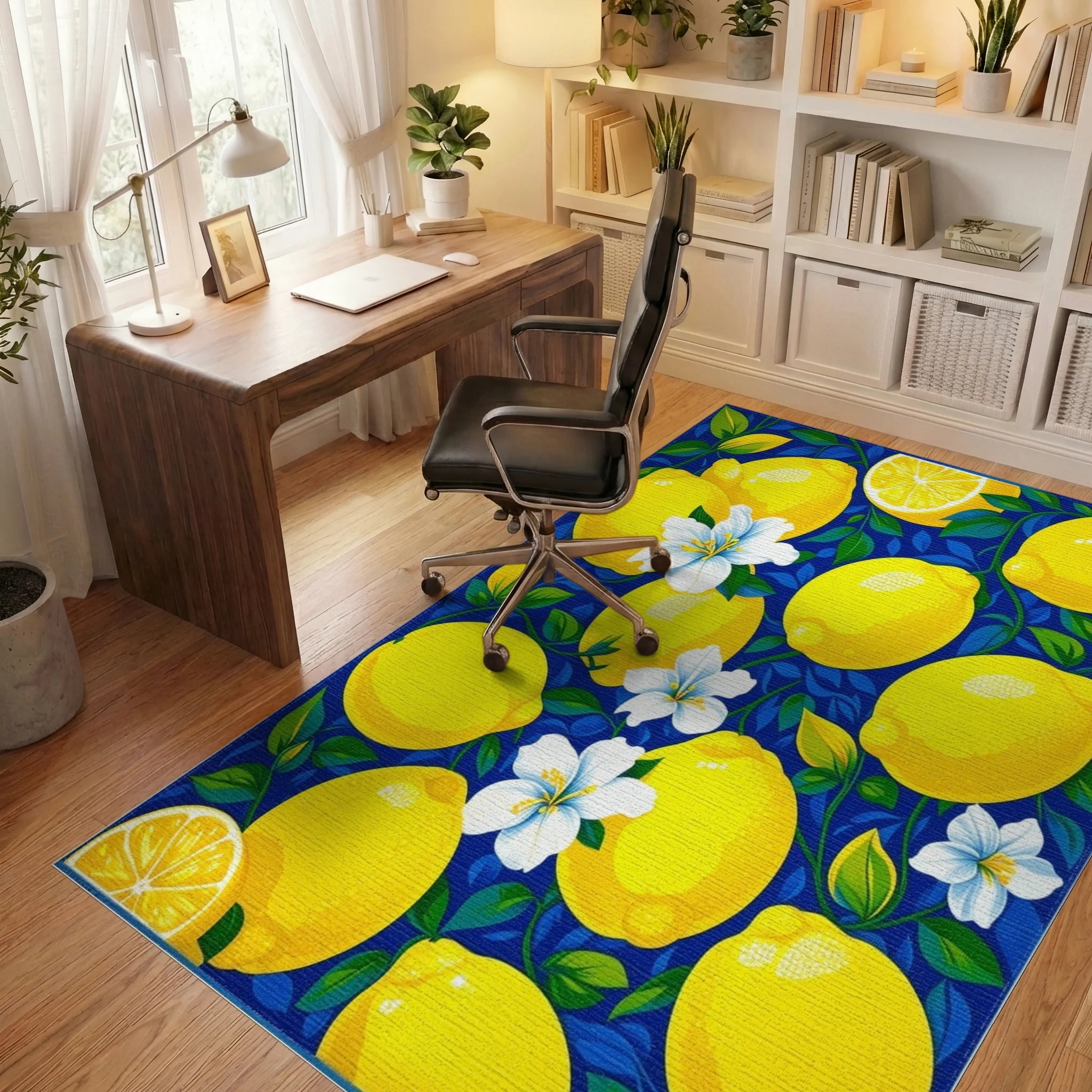 Yellow Lemons Blue Floral Pattern Rug Office View