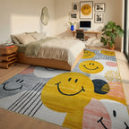 Yellow Smiley Face Collage Rug - Bedroom View