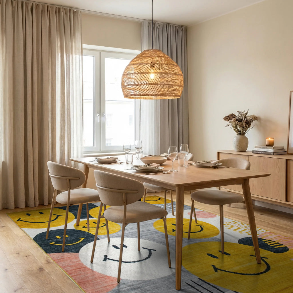 Yellow Smiley Face Collage Rug - Dining Room View