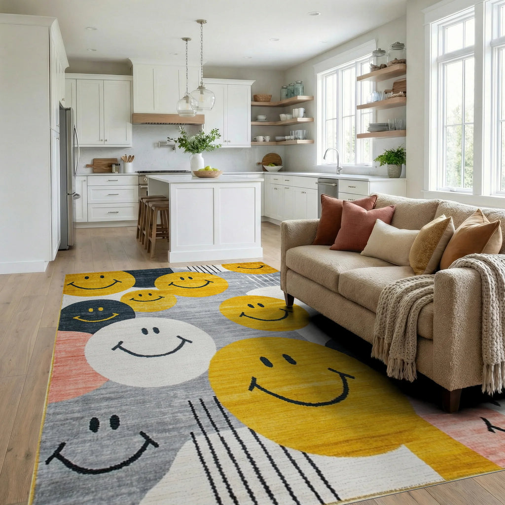 Yellow Smiley Face Collage Rug - Living Room View