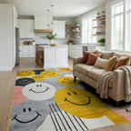 Yellow Smiley Face Collage Rug - Living Room View