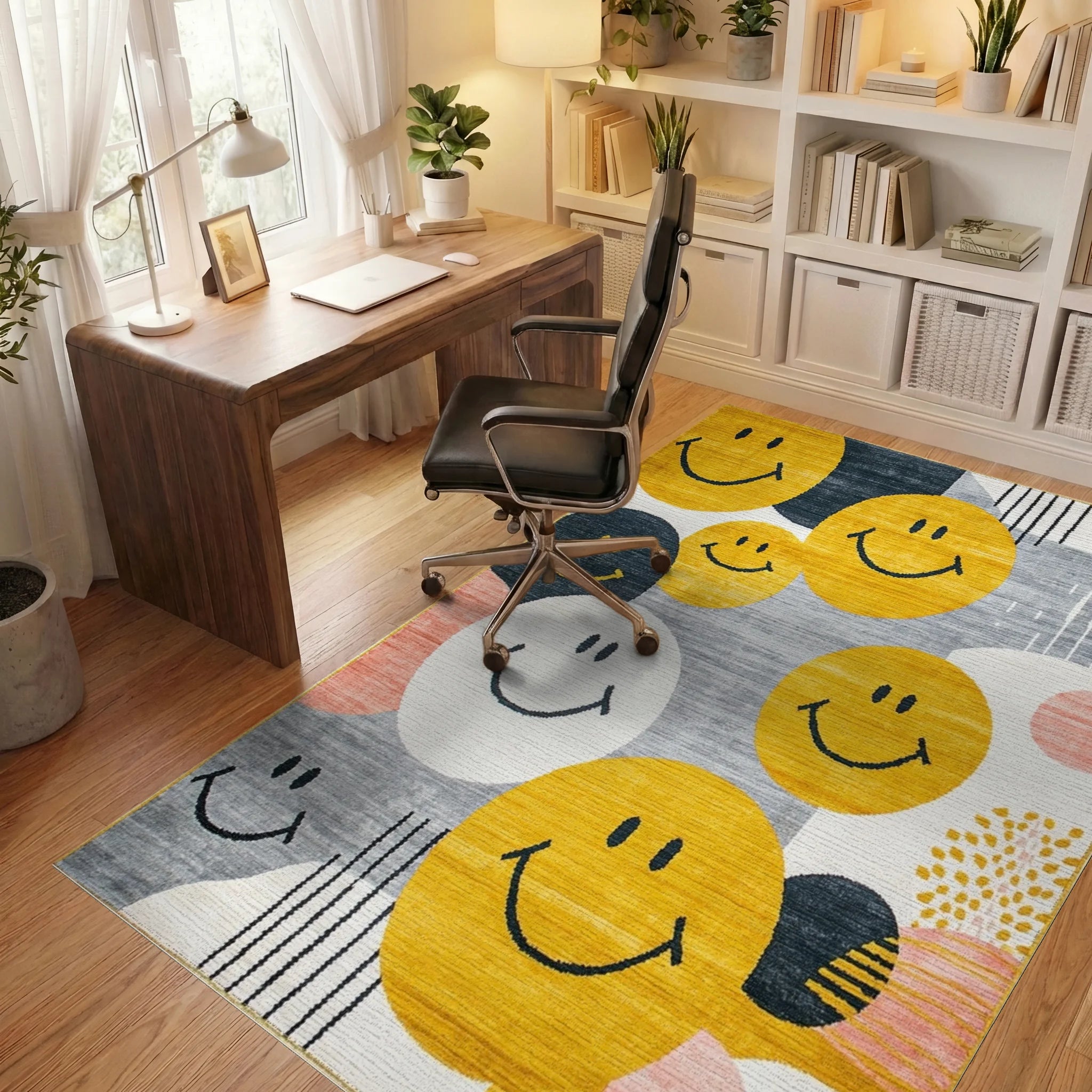 Yellow Smiley Face Collage Rug - Office View
