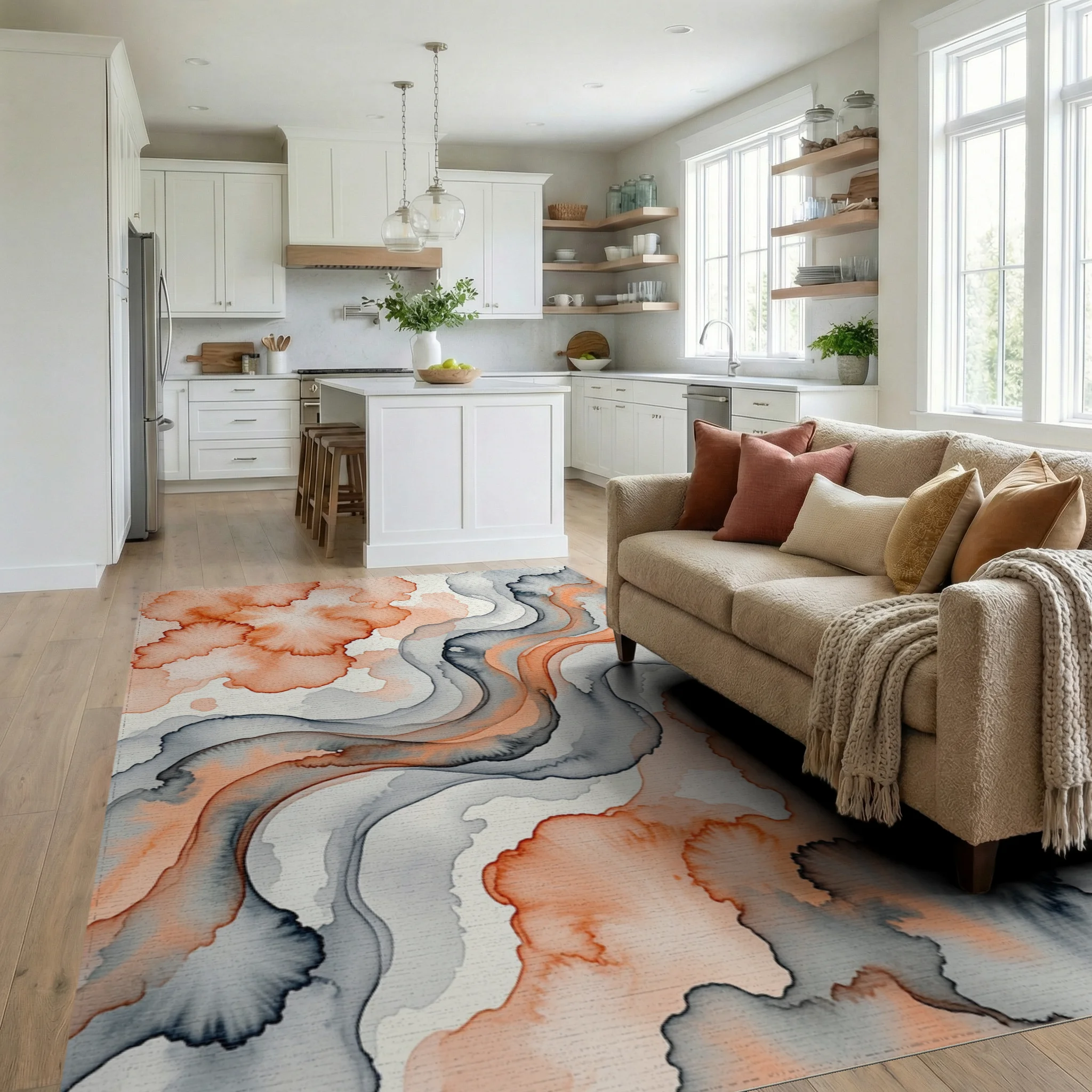 Abstract swirl rug in burnt orange and gray in a living room setting